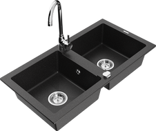 Mexen Mario granite sink with 2 bowls and Telma kitchen tap, black/silver - 6504-73-670200-00