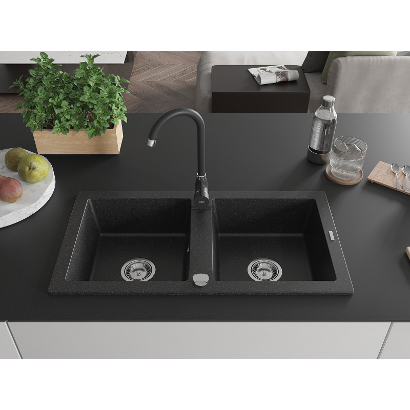 Mexen Mario fregadero de granito de 2 senos con grifo de cocina Telma, negro/plata - 6504-73-670200-70