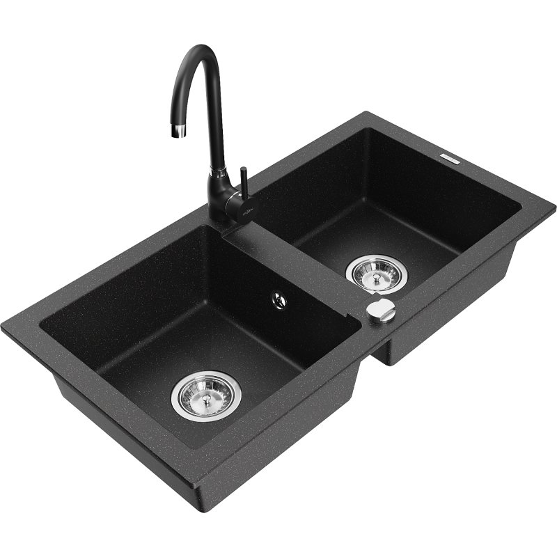 Mexen Mario 2-fach Granitspüle mit Küchenarmatur Telma, schwarz/silber - 6504-73-670200-70