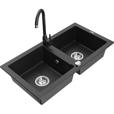 Mexen Mario Granitspüle 2-Becken mit Küchenarmatur Telma, schwarz/silber - 6504-73-670200-70