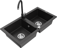 Mexen Mario granite double-bowl kitchen sink with Telma faucet, black/silver - 6504-73-670200-70