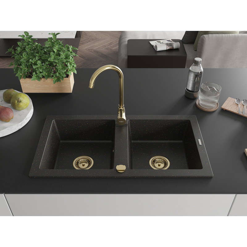 Mexen Mario fregadero de granito de 2 senos con grifo de cocina Telma, negro/dorado - 6504-75-670200-50