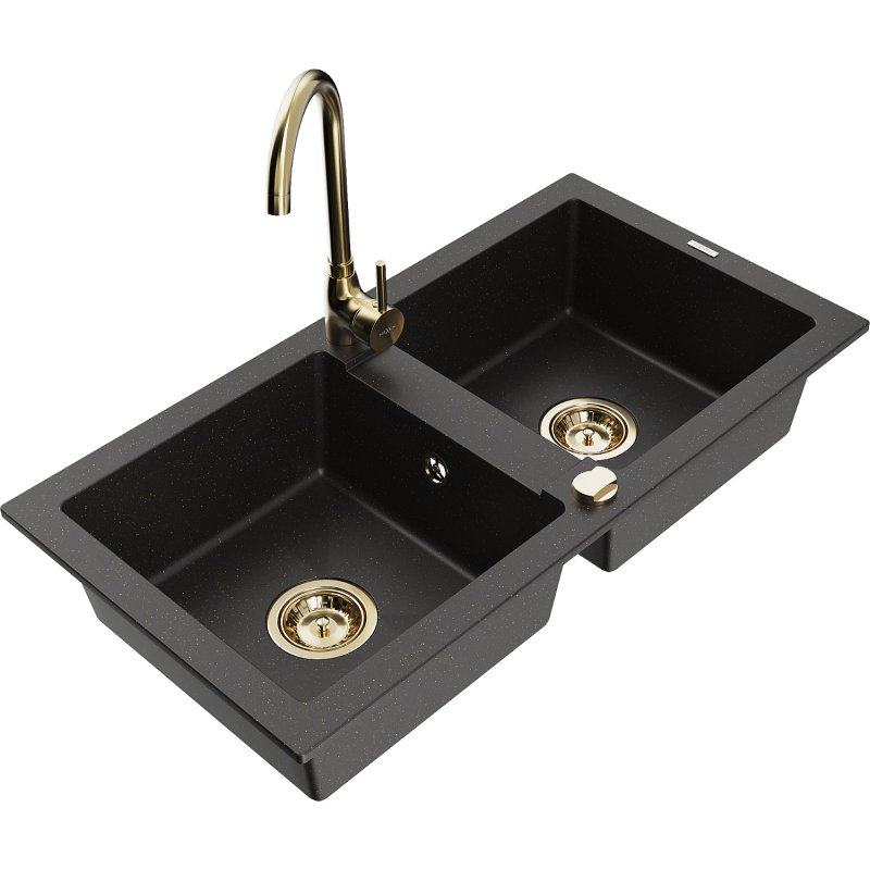 Mexen Mario fregadero de granito de 2 cubetas con grifo de cocina Telma, negro/dorado - 6504-75-670200-50