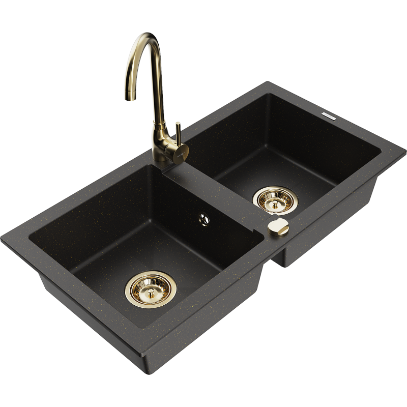 Mexen Mario fregadero de granito de 2 senos con grifo de cocina Telma, negro/dorado - 6504-75-670200-50