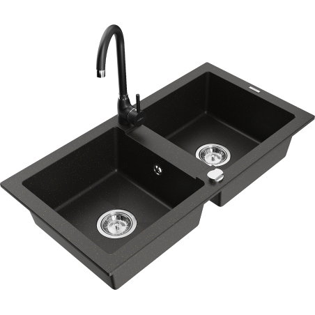 Mexen Mario évier de cuisine en granit à 2 cuves avec robinet de cuisine Telma, noir/doré - 6504-75-670200-70