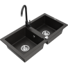 Mexen Mario granite sink 2-bowl with Telma kitchen tap, black/gold - 6504-75-670200-70