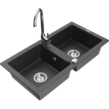 Mexen Mario 2-chamber granite sink with Telma kitchen tap, black speckled - 6504-76-670200-00