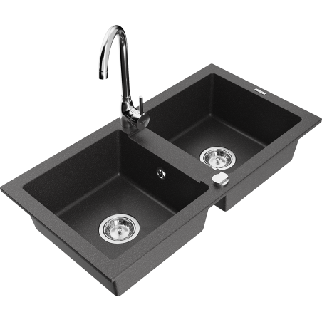 Mexen Mario fregadero de granito de 2 compartimentos con grifo de cocina Telma, negro moteado - 6504-76-670200-00