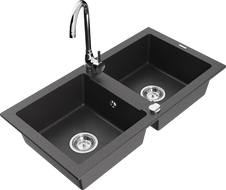 Mexen Mario 2-chamber granite sink with Telma kitchen tap, black speckled - 6504-76-670200-00