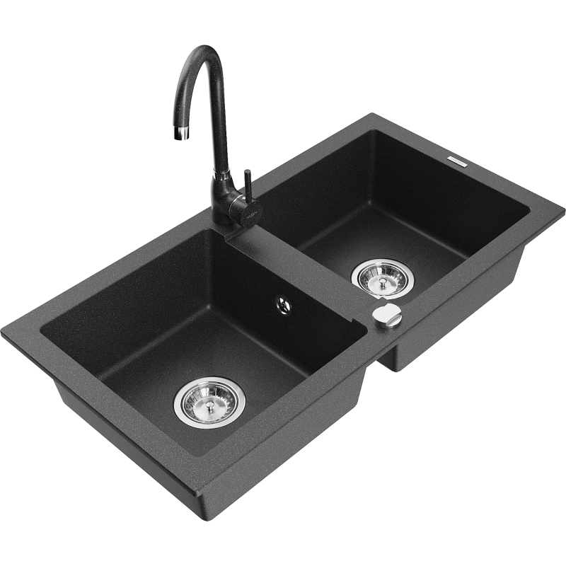 Mexen Mario fregadero de granito de 2 compartimentos con grifo de cocina Telma, negro moteado - 6504-76-670200-76