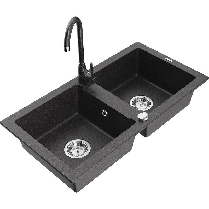 Mexen Mario fregadero de granito de 2 compartimientos con grifo de cocina Telma, negro moteado - 6504-76-670200-76