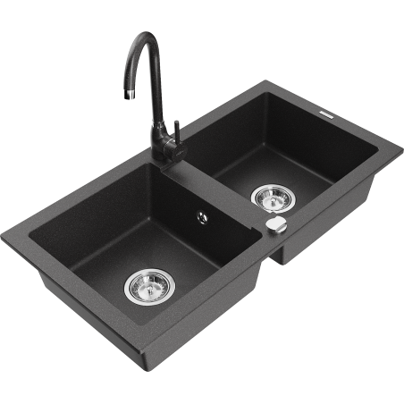 Mexen Mario fregadero de granito de 2 compartimentos con grifo de cocina Telma, negro moteado - 6504-76-670200-76