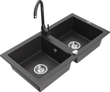 Mexen Mario granite sink 2-bowl with Telma kitchen tap, black speckled - 6504-76-670200-76