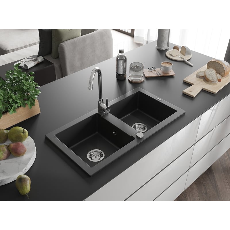Mexen Mario fregadero de granito de 2 senos con grifo de cocina Telma, negro - 6504-77-670200-00