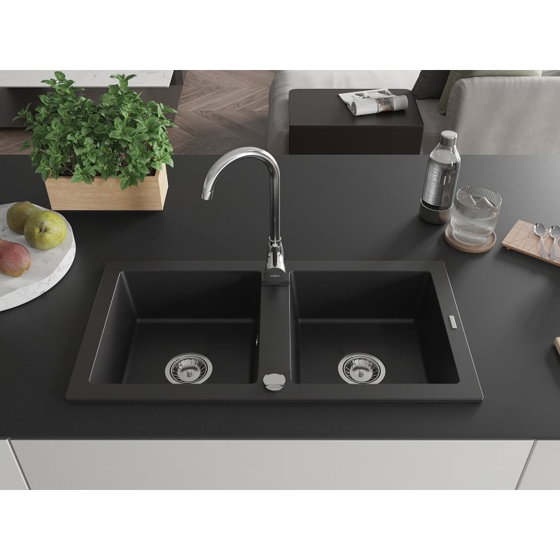 Mexen Mario fregadero de granito de 2 senos con grifo de cocina Telma, negro - 6504-77-670200-00