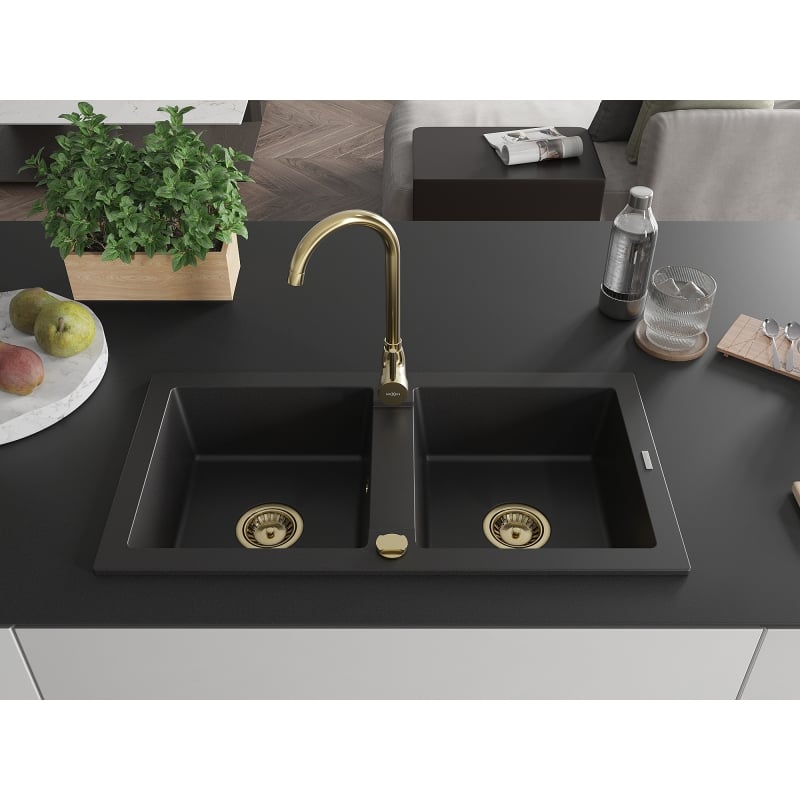 Mexen Mario granite double-bowl sink with kitchen faucet Telma, black - 6504-77-670200-50