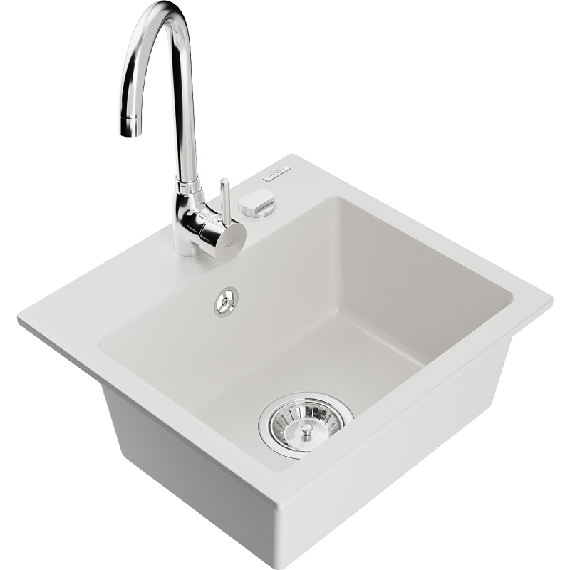 Mexen Milo Granite Sink 1-Bowl with Telma Kitchen Tap, White - 6505-20-670200-00