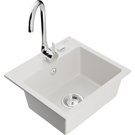 Mexen Milo Granite Sink 1-Bowl with Telma Kitchen Tap, White - 6505-20-670200-00
