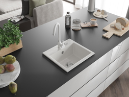 Mexen Milo 1-bowl granite sink with Telma kitchen faucet, white - 6505-20-670200-20