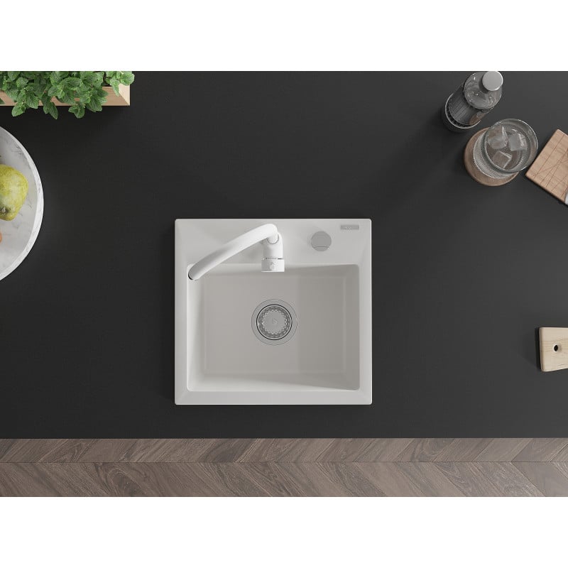 Mexen Milo Granitspüle 1-becken mit Küchenarmatur Telma, weiß - 6505-20-670200-20