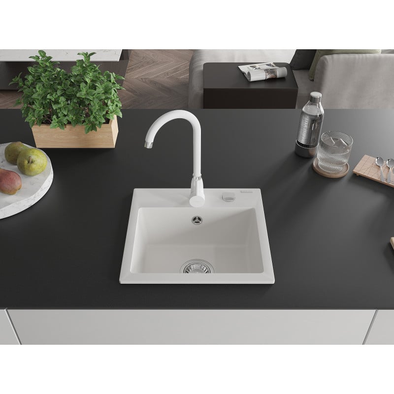 Mexen Milo 1-bowl granite sink with Telma kitchen tap, white - 6505-20-670200-20