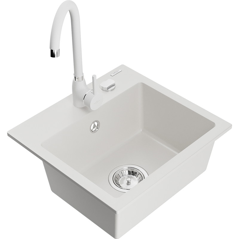 Mexen Milo fregadero de granito de 1 compartimento con grifo de cocina Telma, blanco - 6505-20-670200-20