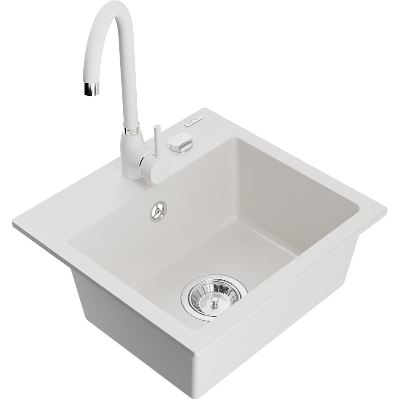 Mexen Milo lavello in granito a 1 vasca con miscelatore da cucina Telma, bianco - 6505-20-670200-20