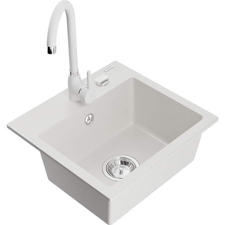 Mexen Milo 1-bowl granite sink with Telma kitchen tap, white - 6505-20-670200-20