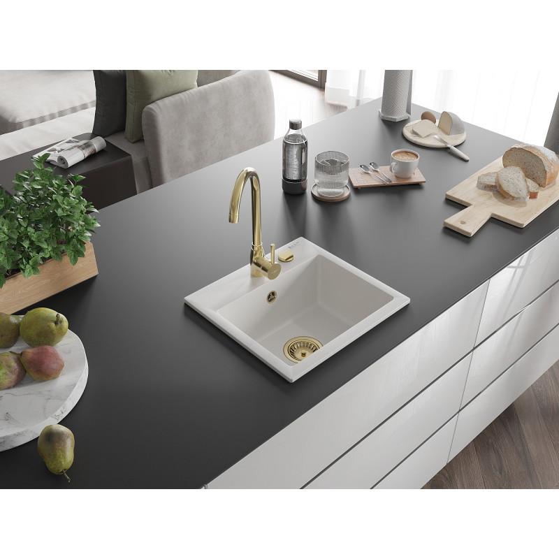 Mexen Milo 1-bowl granite sink with Telma kitchen faucet, white - 6505-20-670200-50