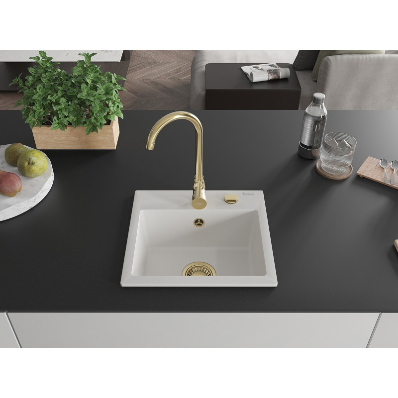 Mexen Milo 1-bowl granite sink with Telma kitchen faucet, white - 6505-20-670200-50