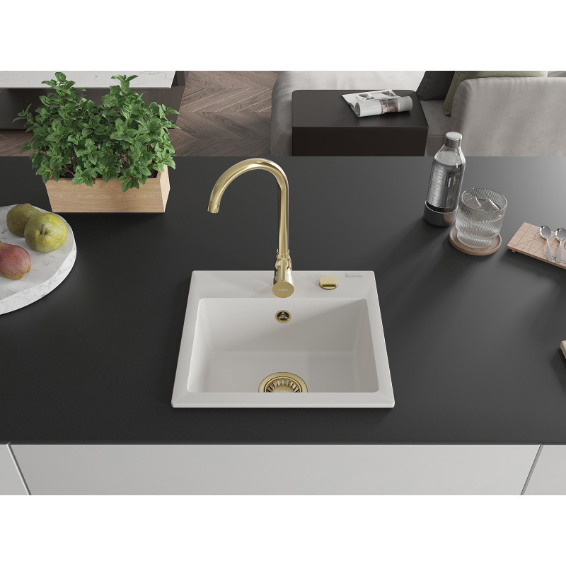 Mexen Milo fregadero de granito de 1 seno con grifo de cocina Telma, blanco - 6505-20-670200-50