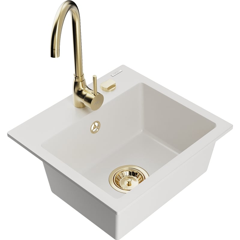 Mexen Milo 1-bowl granite sink with Telma kitchen faucet, white - 6505-20-670200-50