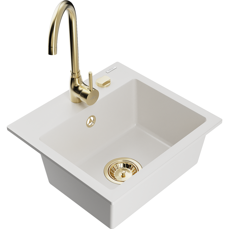 Mexen Milo évier en granit 1 cuve avec robinet de cuisine Telma, blanc - 6505-20-670200-50