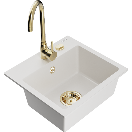 Mexen Milo 1-bowl granite sink with Telma kitchen faucet, white - 6505-20-670200-50
