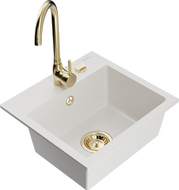 Mexen Milo 1-bowl granite sink with Telma kitchen faucet, white - 6505-20-670200-50