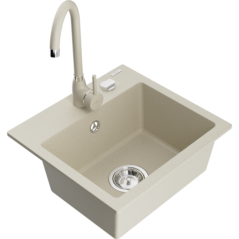 Mexen Milo fregadero de granito de 1 compartimento con grifo de cocina Telma, beige - 6505-69-670200-69