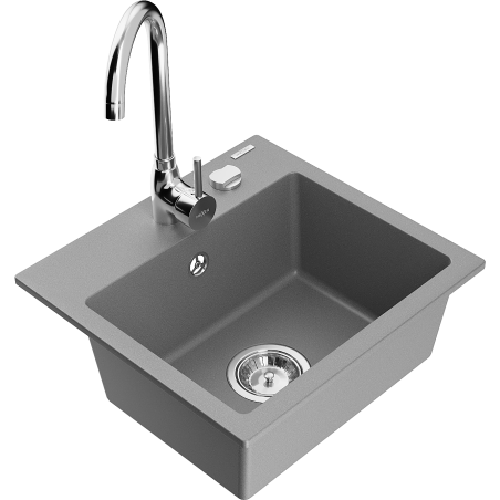 Mexen Milo granite kitchen sink with 1-bowl and Telma kitchen faucet, gray - 6505-71-670200-00