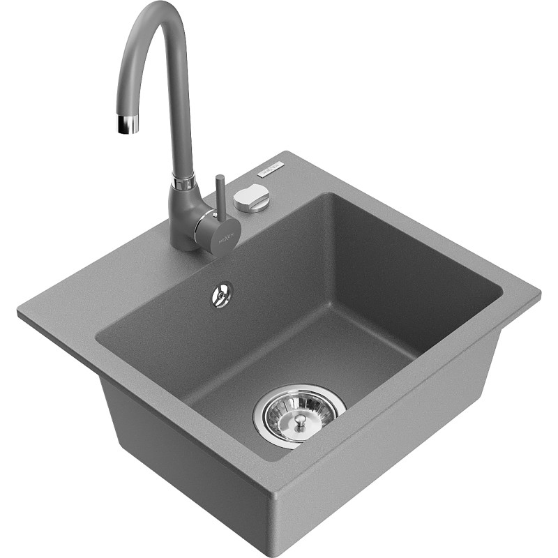 Mexen Milo fregadero de granito de 1 cubeta con grifo de cocina Telma, gris - 6505-71-670200-71