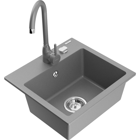 Mexen Milo single-basin granite kitchen sink with Telma faucet, gray - 6505-71-670200-71