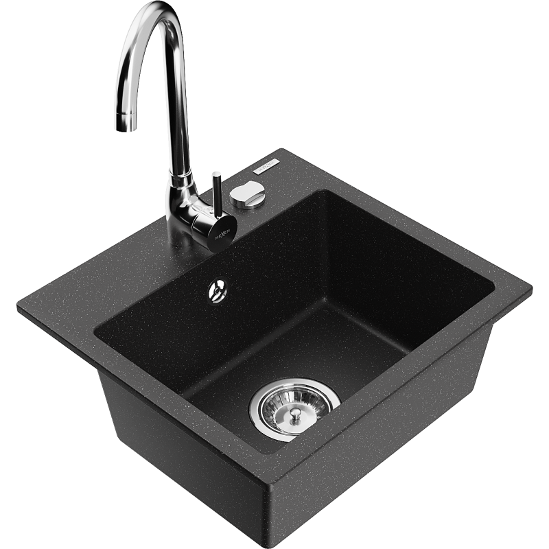 Mexen Milo lavello in granito a 1 vasca con rubinetto da cucina Telma, nero/argento - 6505-73-670200-00