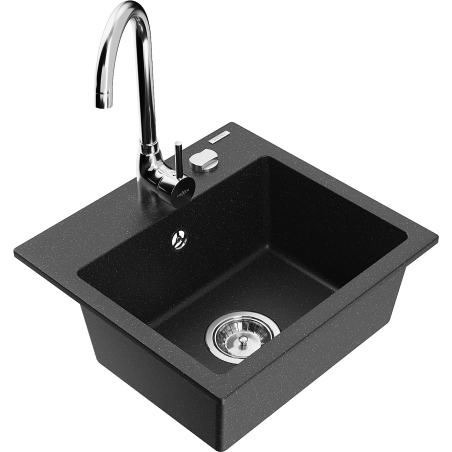 Mexen Milo lavello in granito a 1 vasca con rubinetto da cucina Telma, nero/argento - 6505-73-670200-00