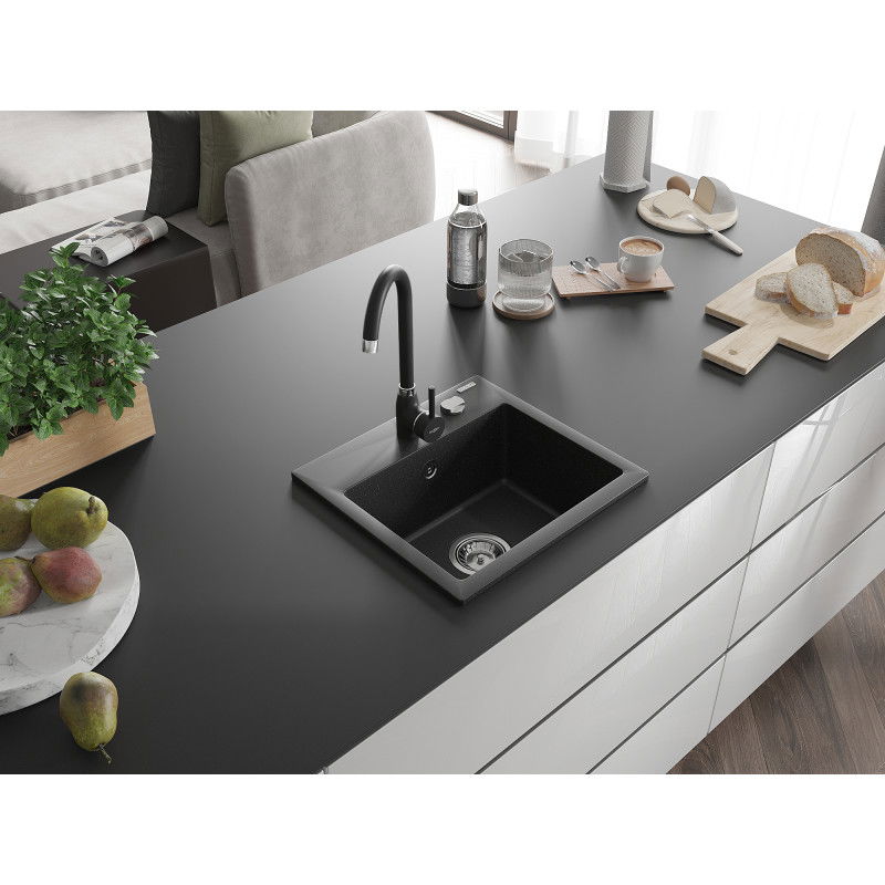 Mexen Milo fregadero de granito de 1 cubeta con grifo de cocina Telma, negro/plata - 6505-73-670200-70