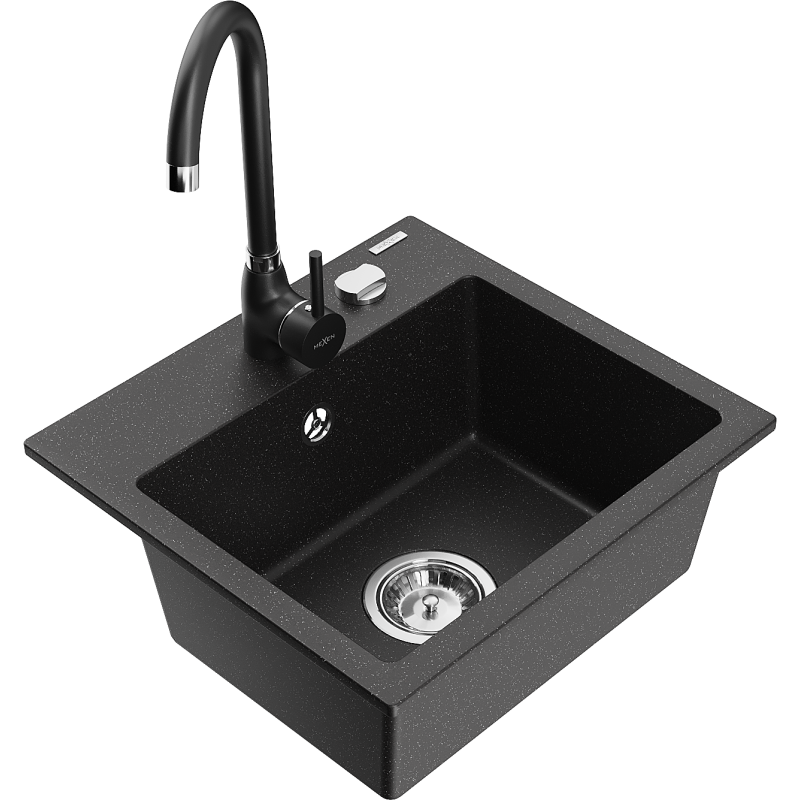 Mexen Milo fregadero de granito de 1 cubeta con grifo de cocina Telma, negro/plata - 6505-73-670200-70