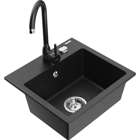 Mexen Milo fregadero de granito de 1 cubeta con grifo de cocina Telma, negro/plata - 6505-73-670200-70