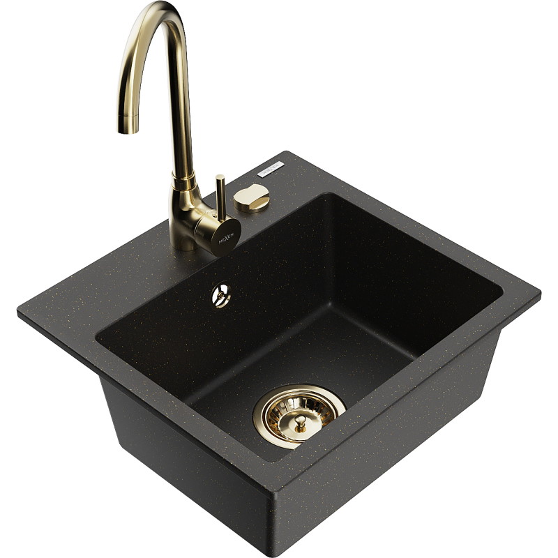 Mexen Milo fregadero de granito de 1 cubeta con grifo de cocina Telma, negro/oro - 6505-75-670200-50
