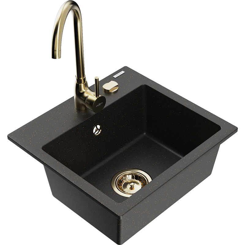 Mexen Milo granitdiskho 1-kammare med Telma köksblandare, svart/guld - 6505-75-670200-50