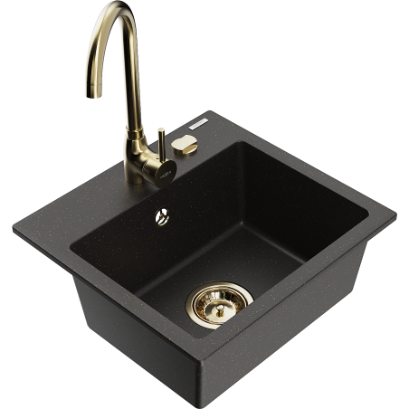 Mexen Milo granieten spoelbak 1-komorig met keukenmengkraan Telma, zwart/goud - 6505-75-670200-50
