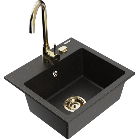 Mexen Milo lavello in granito 1-vasca con rubinetto da cucina Telma, nero/oro - 6505-75-670200-50