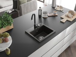 Mexen Milo lavello in granito 1 vasca con rubinetto da cucina Telma, nero/oro - 6505-75-670200-70