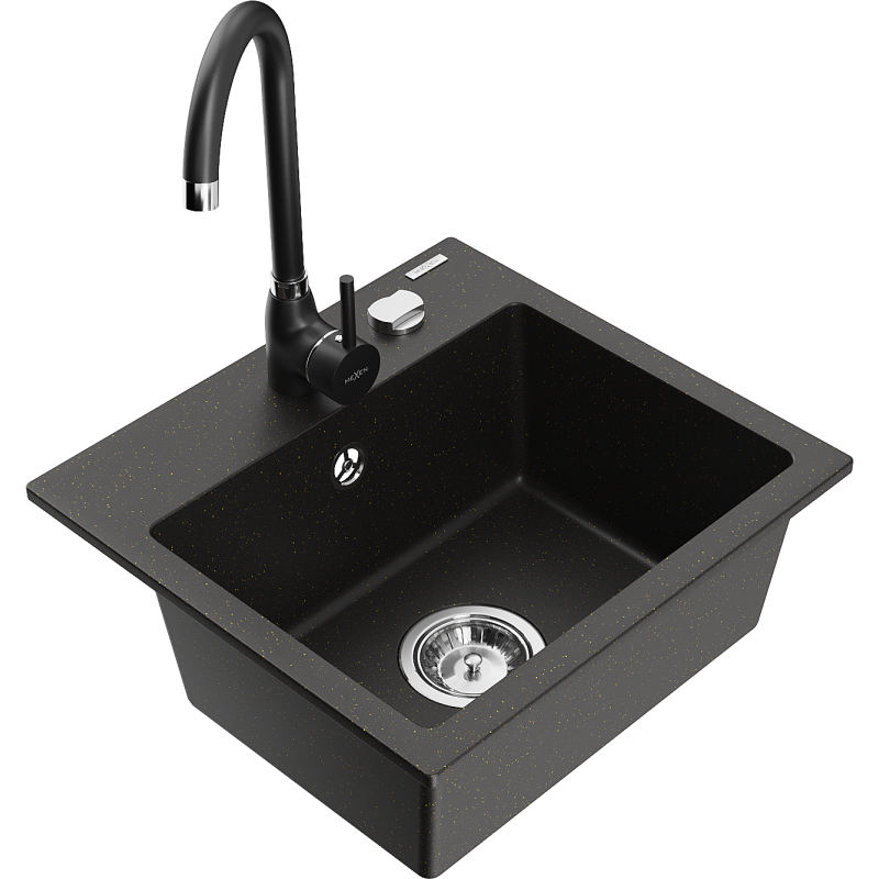 Mexen Milo granite sink with 1 bowl and Telma kitchen tap, black/gold - 6505-75-670200-70